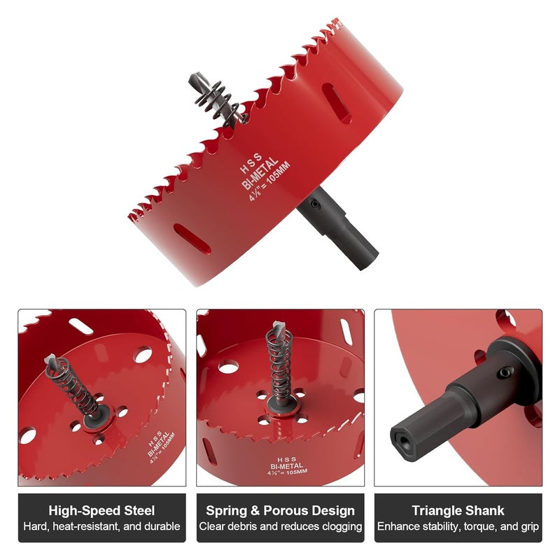 FIVELAKE 4-1/8" (105mm) Bi-Metal M42 High Speed Steel Hole Saw with Pilot Drill Bit, Smooth Cutting Edge for PVC, Drywall, Wood, Plastic, Gypsum Board, Rubber, Thin Metal - Image 2